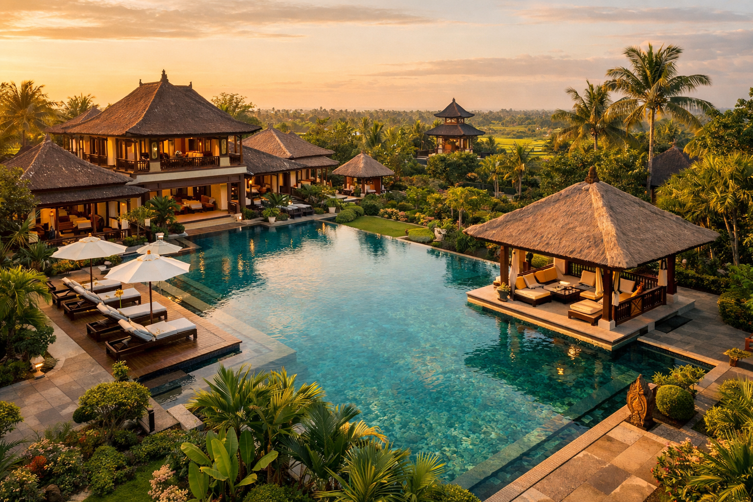 Luxury villa with infinity pool in Bali surrounded by tropical gardens