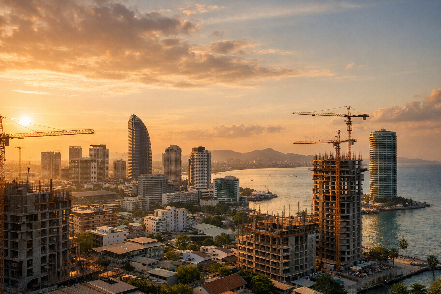 City skyline with construction cranes at golden hour