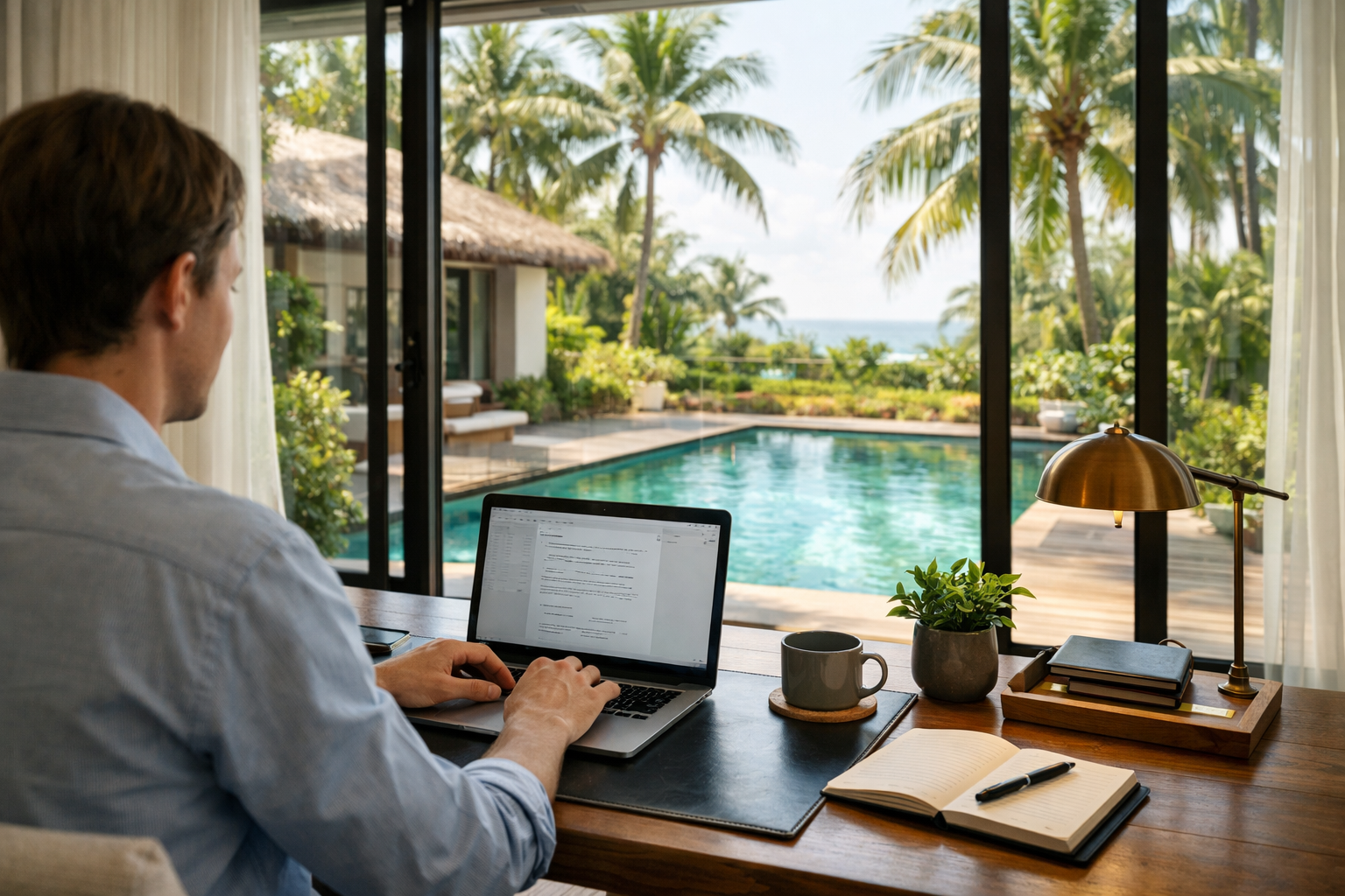 Person working on laptop in a tropical villa setting