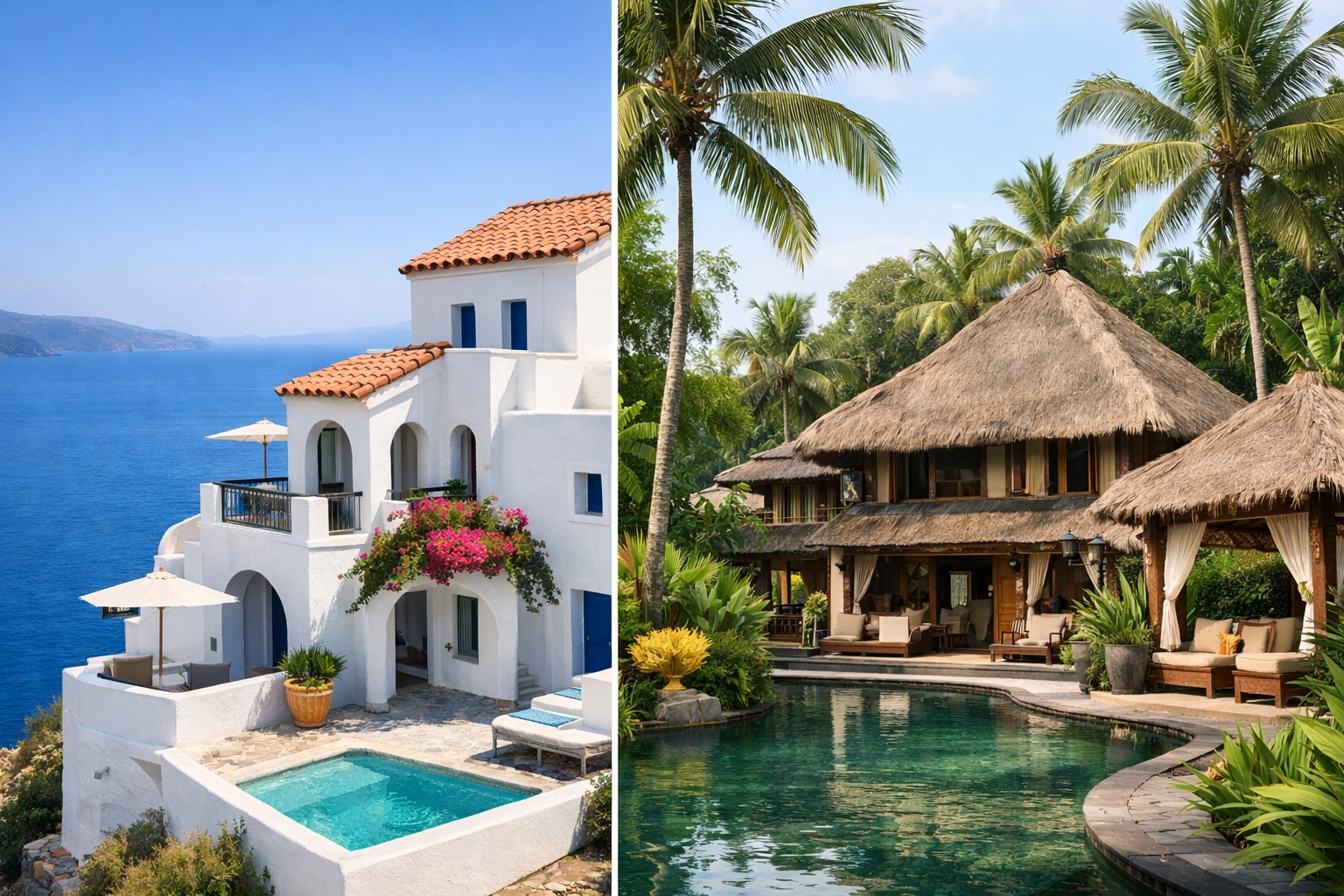 Split image of Mediterranean coast and tropical beach