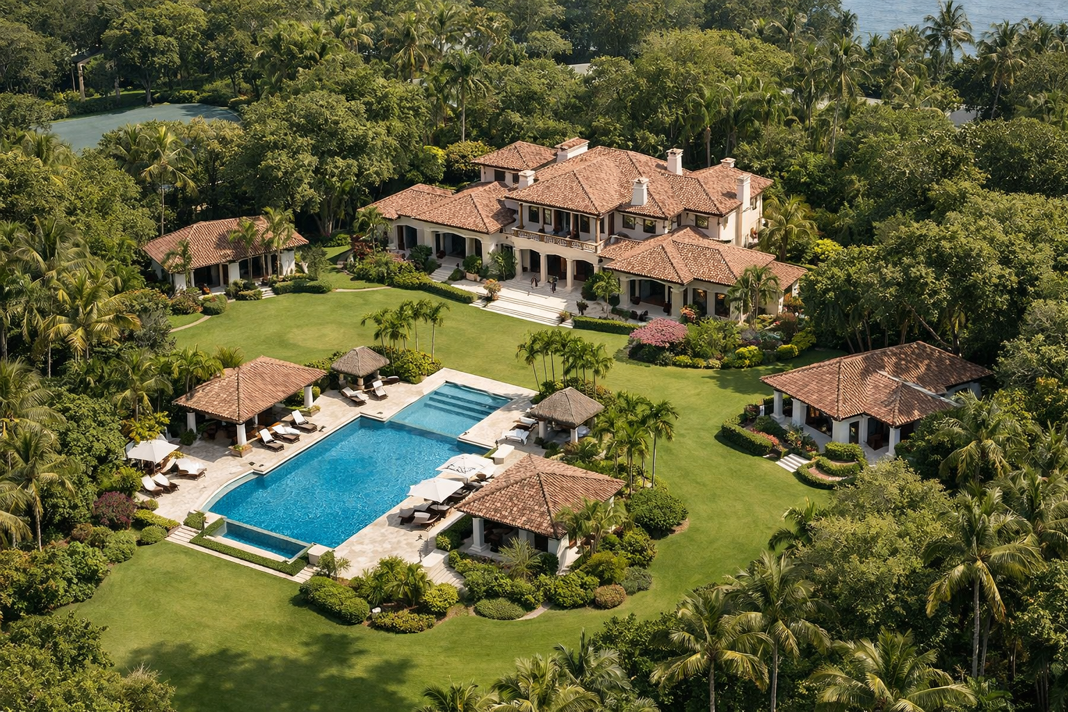 Expansive private estate with manicured gardens and main house