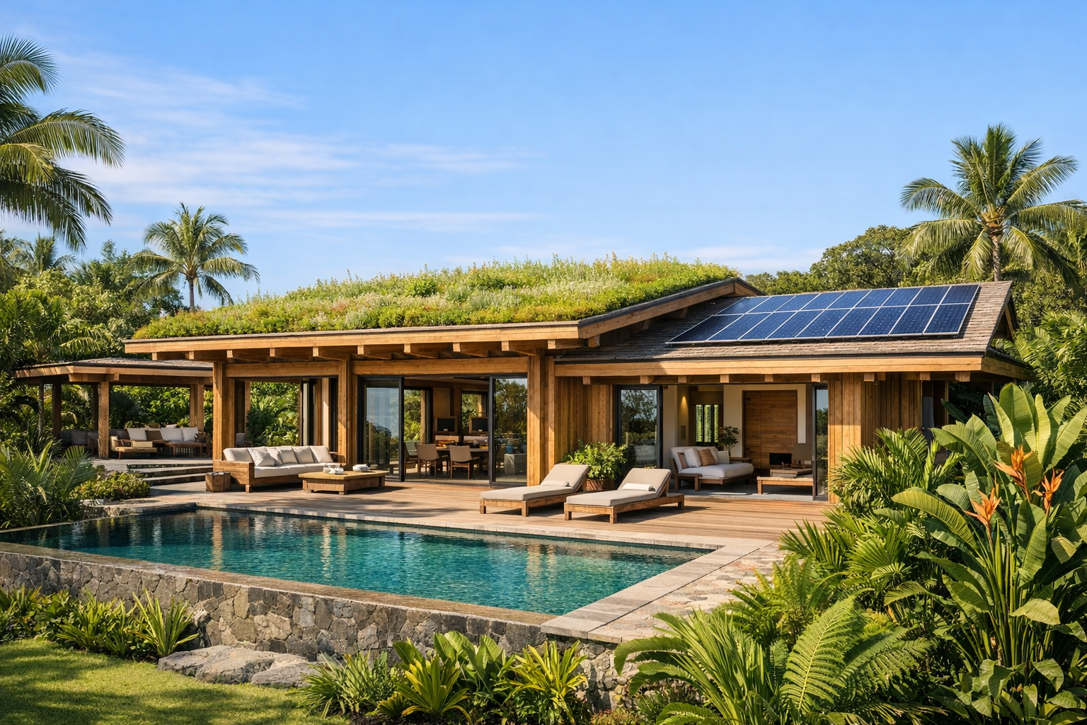 Sustainable luxury villa with green roof and solar panels