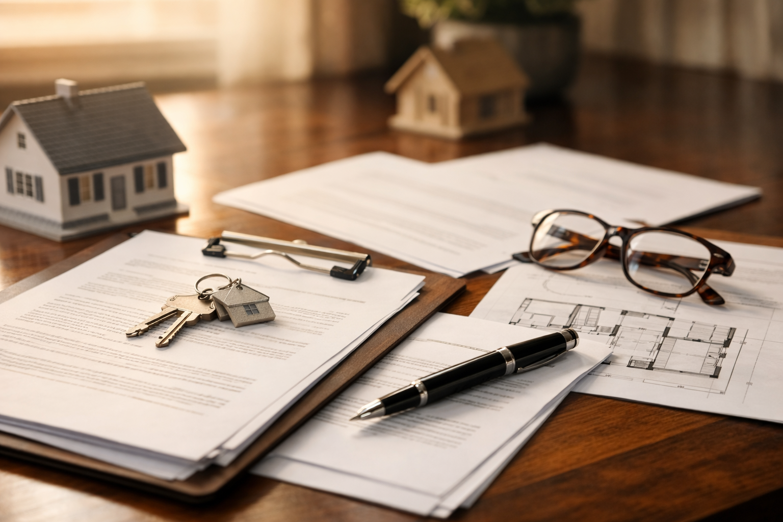 Legal documents and property contracts on a desk